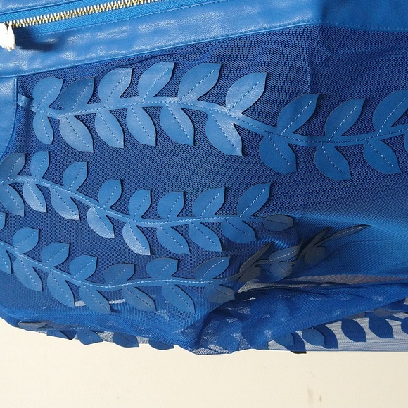 NEW! Colleen Lopez Mesh Leaf / Floral Faux Leather Jacket, Rich Blue - Picture 4 of 13